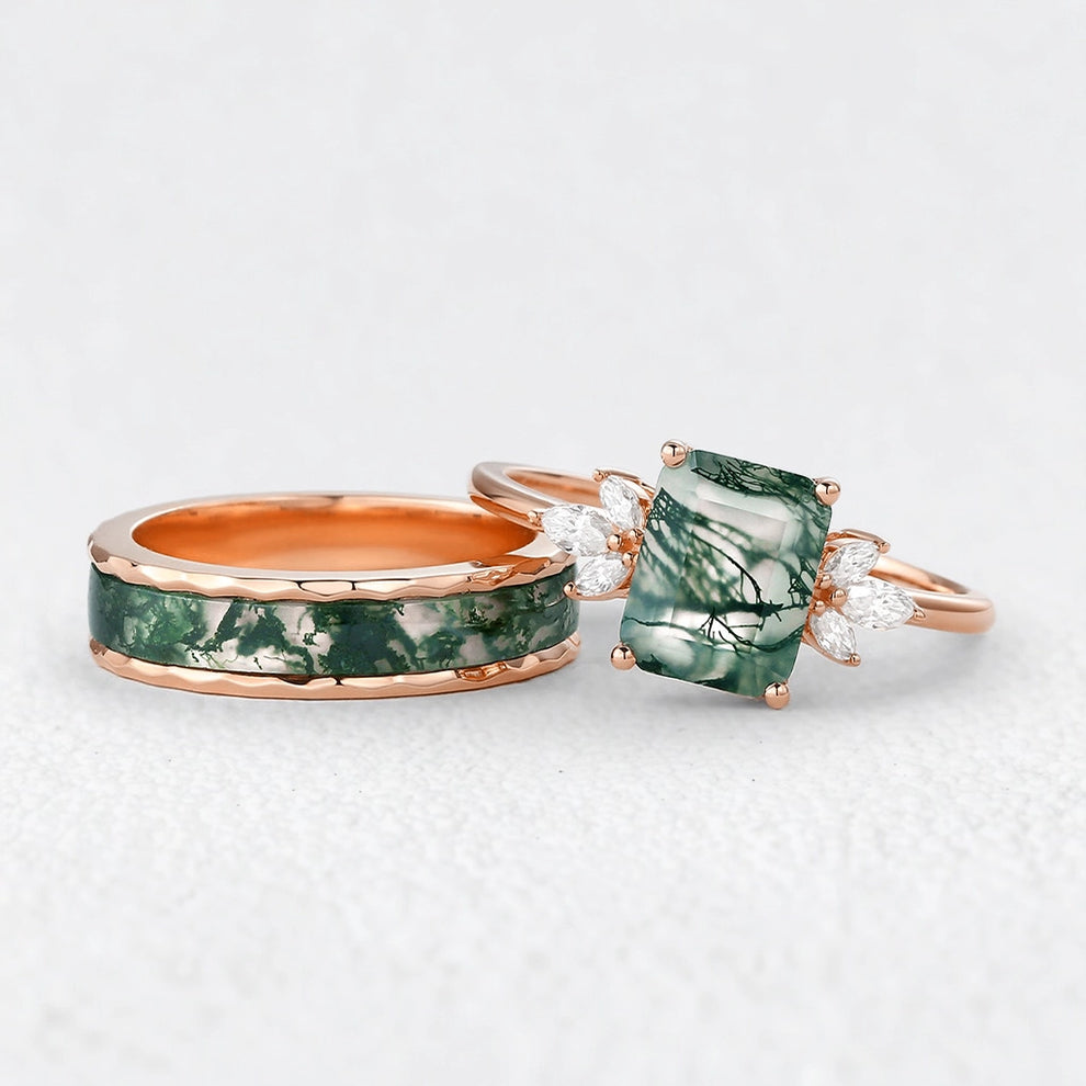 Flora’s Terrace | Emerald Cut Moss Agate Yellow Gold Couple Ring Set 2pcs.