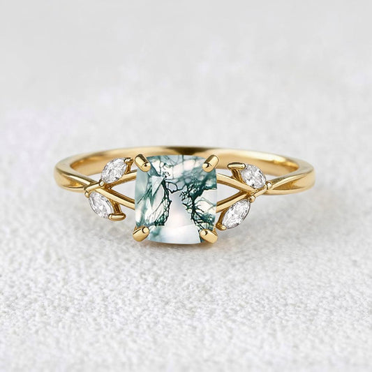 Penelope Cushion Cut Moss Agate Infinity Engagement Ring.