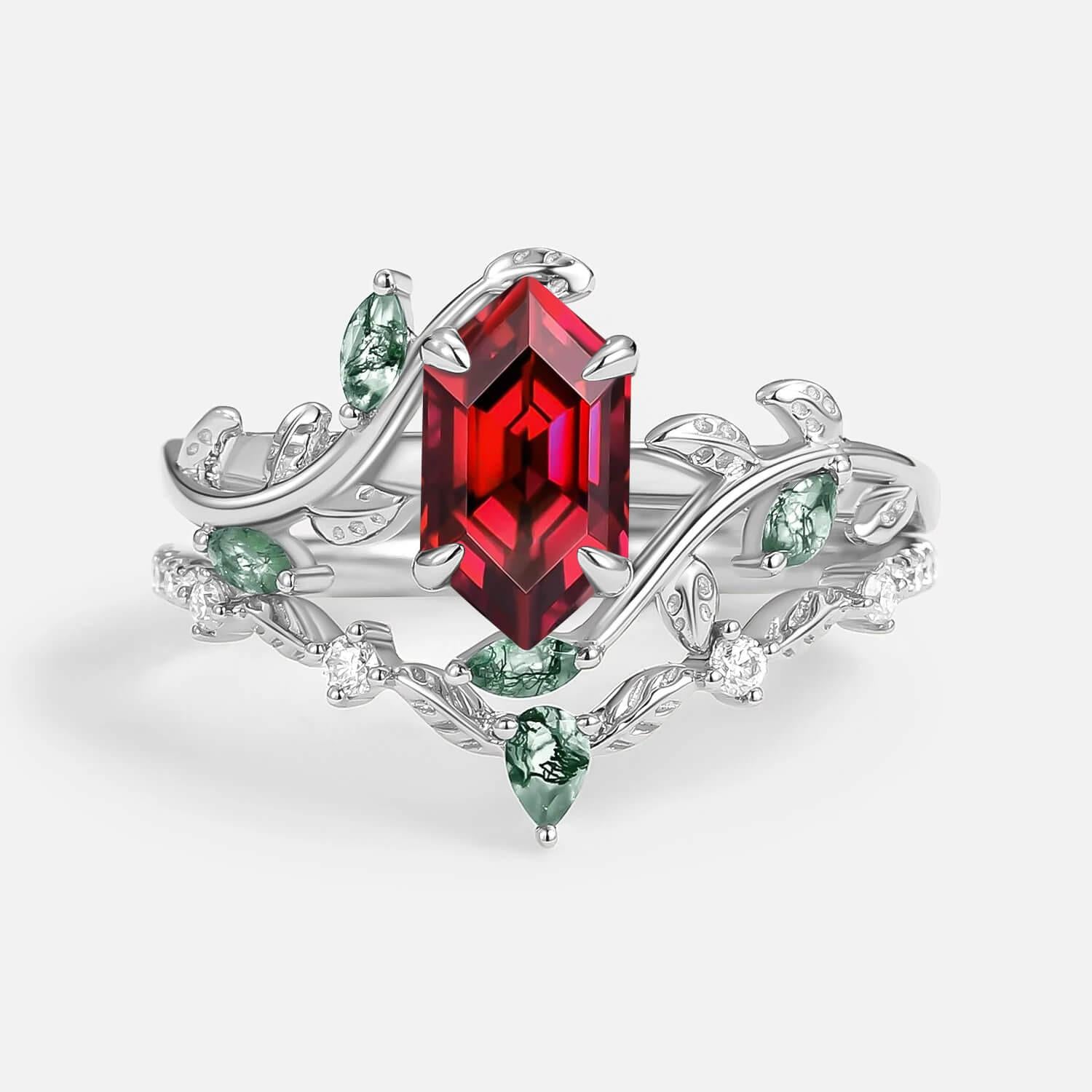 Daphne Moss Agate Hexagon Vine Emerald Engagement Ring Set 2pcs.