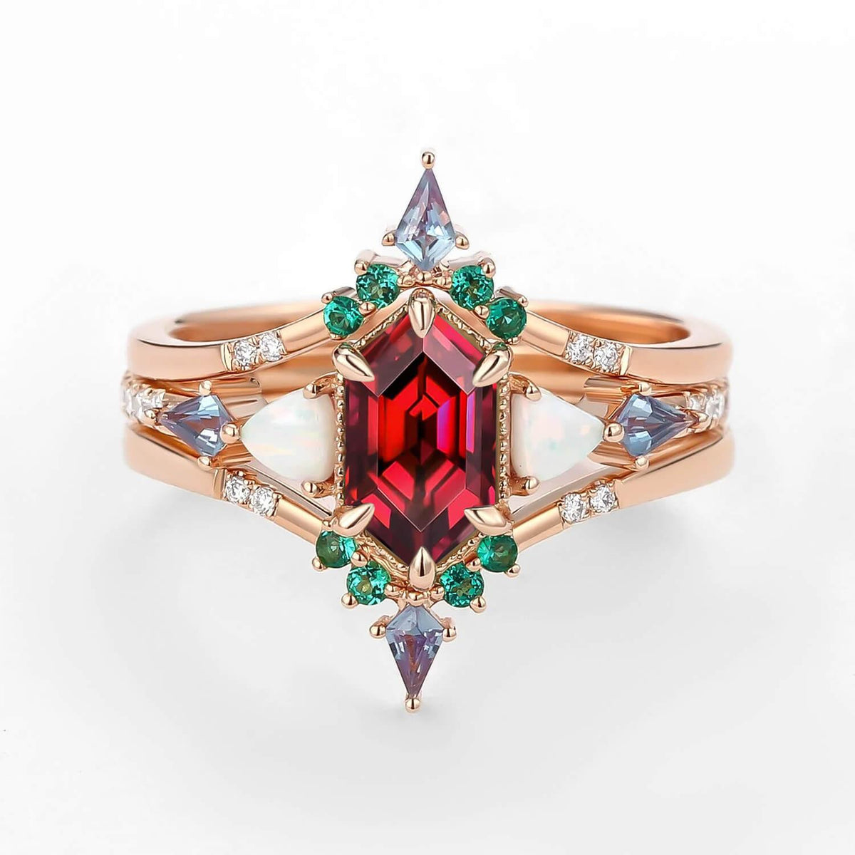 Max Hexagon Moss Agate & Opal & Emerald Engagement Ring Set 3pcs.