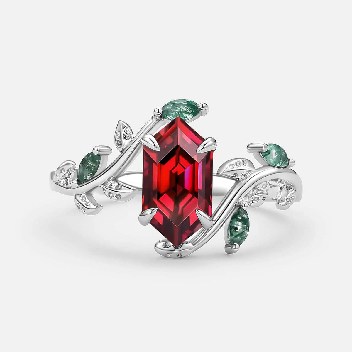 Sylvie’s Herbarium | Vintage Hexagon Moss Agate & Emerald Leafy Engagement Ring.