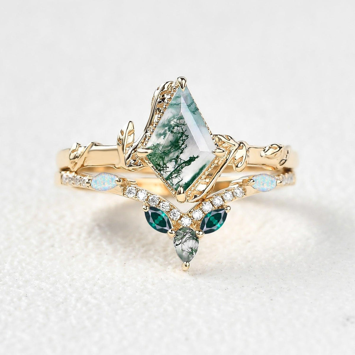 Sylvie’s Lark | Kite Cut Moss Agate, Opal & Emerald Leafy Bridal Set 2 pcs.