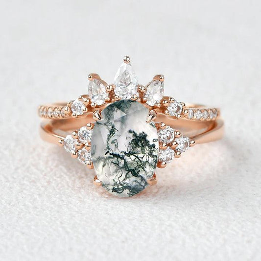 Oval Cut Moss Agate Cluster Gold Ring Set 2pcs.