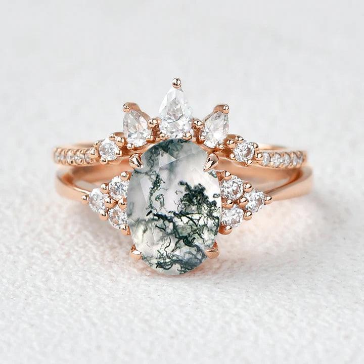 Oval Cut Moss Agate Cluster Gold Ring Set 2pcs.