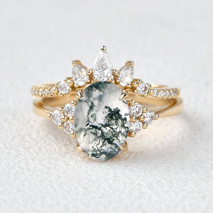 Oval Cut Moss Agate Cluster Gold Ring Set 2pcs.