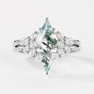 Zoey Twin Flames - Kite Cut Unique Moss Agate Engagement Ring Sets 2pcs.