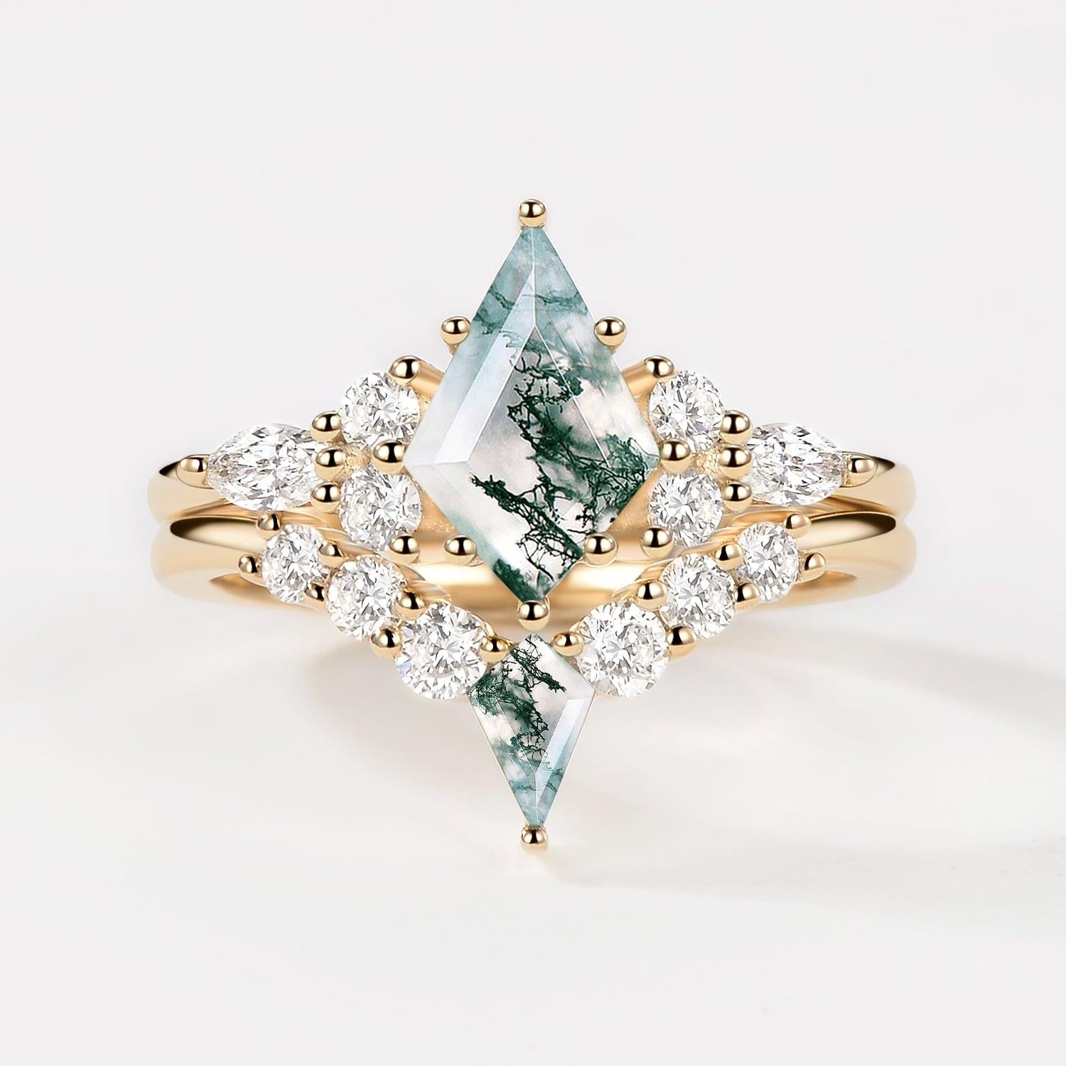 Zoey Twin Flames - Kite Cut Unique Moss Agate Engagement Ring Sets 2pcs.