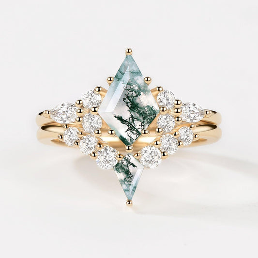 Zoey Twin Flames - Kite Cut Unique Moss Agate Engagement Ring Sets 2pcs.