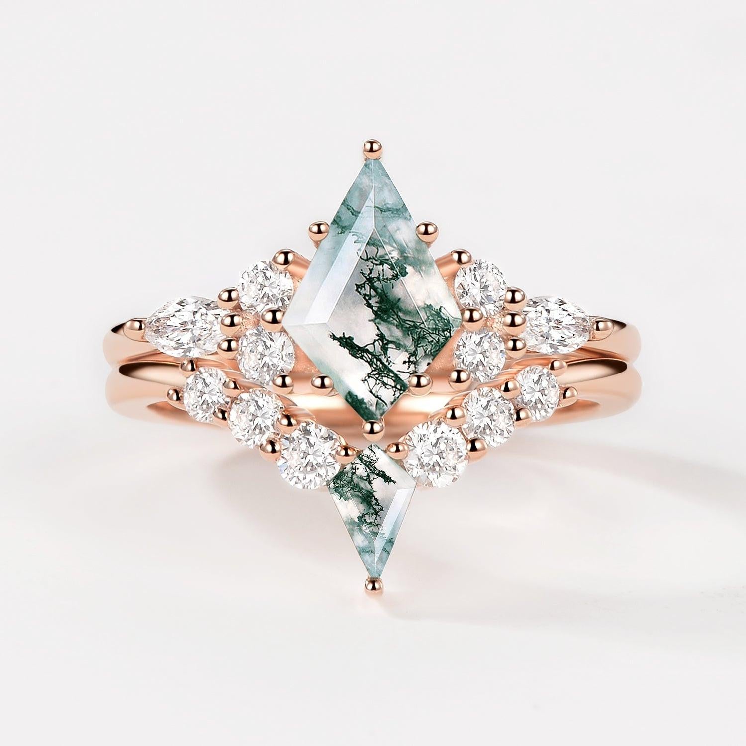 Zoey Twin Flames - Kite Cut Unique Moss Agate Engagement Ring Sets 2pcs.
