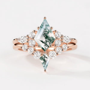 Zoey Twin Flames - Kite Cut Unique Moss Agate Engagement Ring Sets 2pcs.