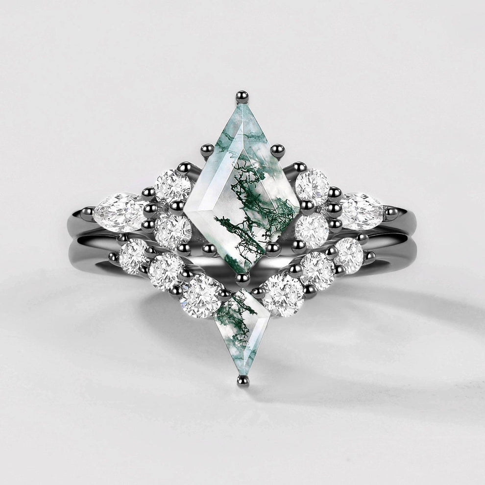 Twin Flames - Black Gold Kite Cut Unique Moss Agate Ring Sets 2pcs.