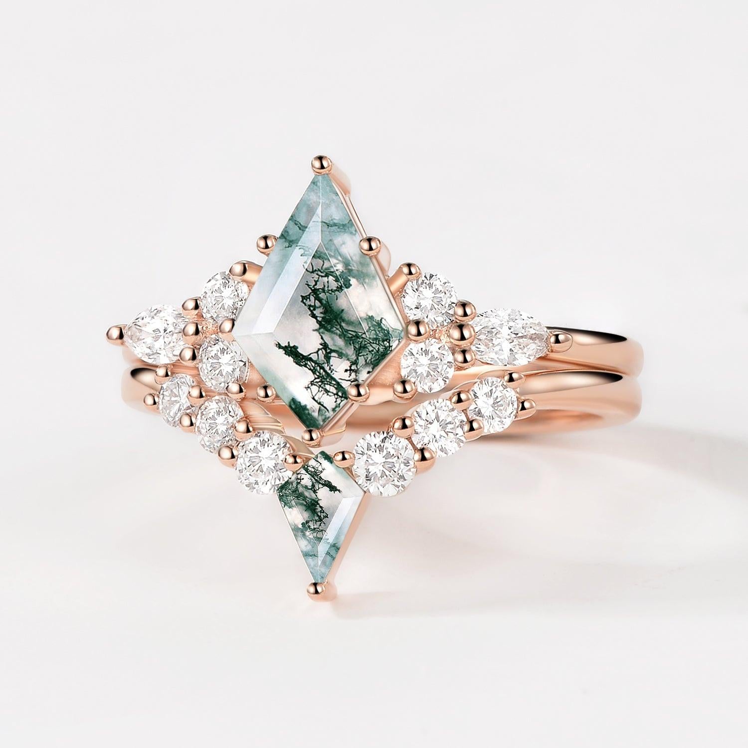 Zoey Twin Flames - Kite Cut Unique Moss Agate Engagement Ring Sets 2pcs.