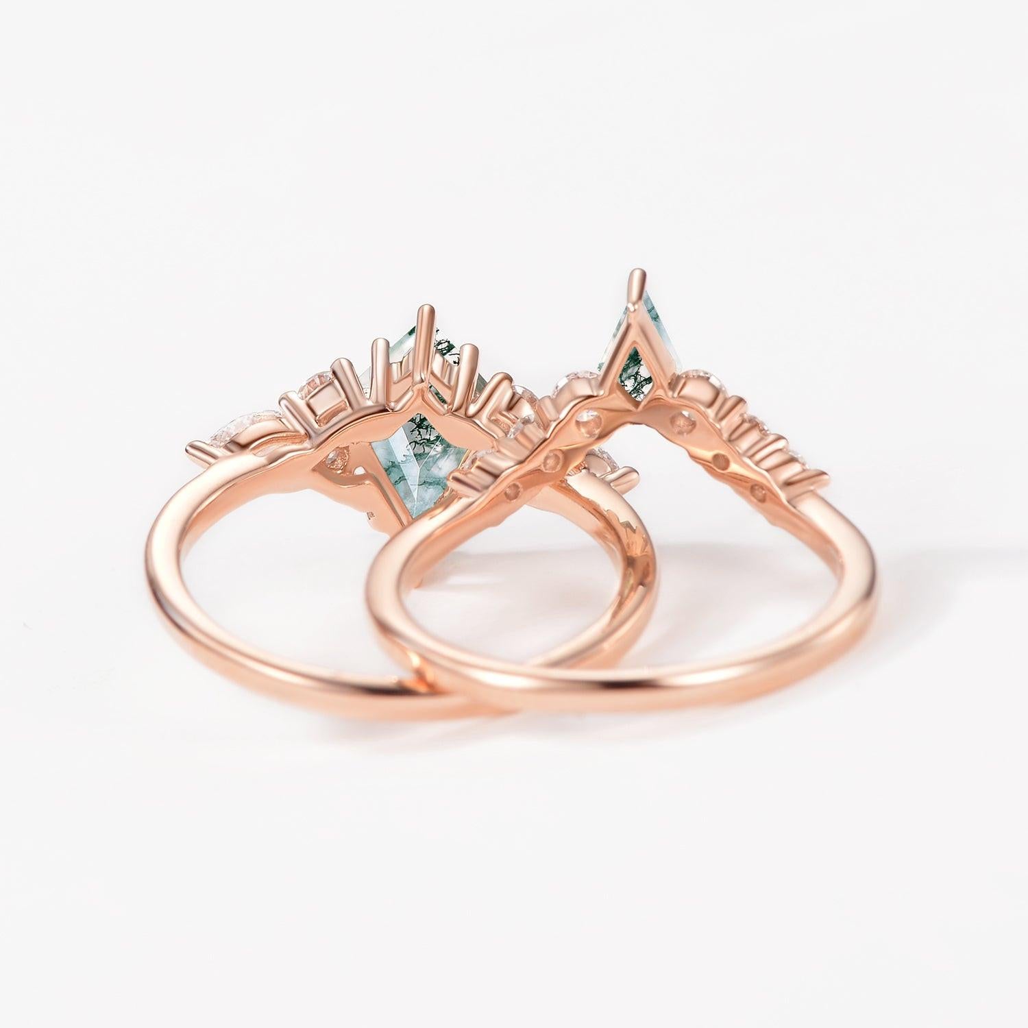 Zoey Twin Flames - Kite Cut Unique Moss Agate Engagement Ring Sets 2pcs.