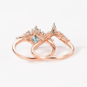 Zoey Twin Flames - Kite Cut Unique Moss Agate Engagement Ring Sets 2pcs.