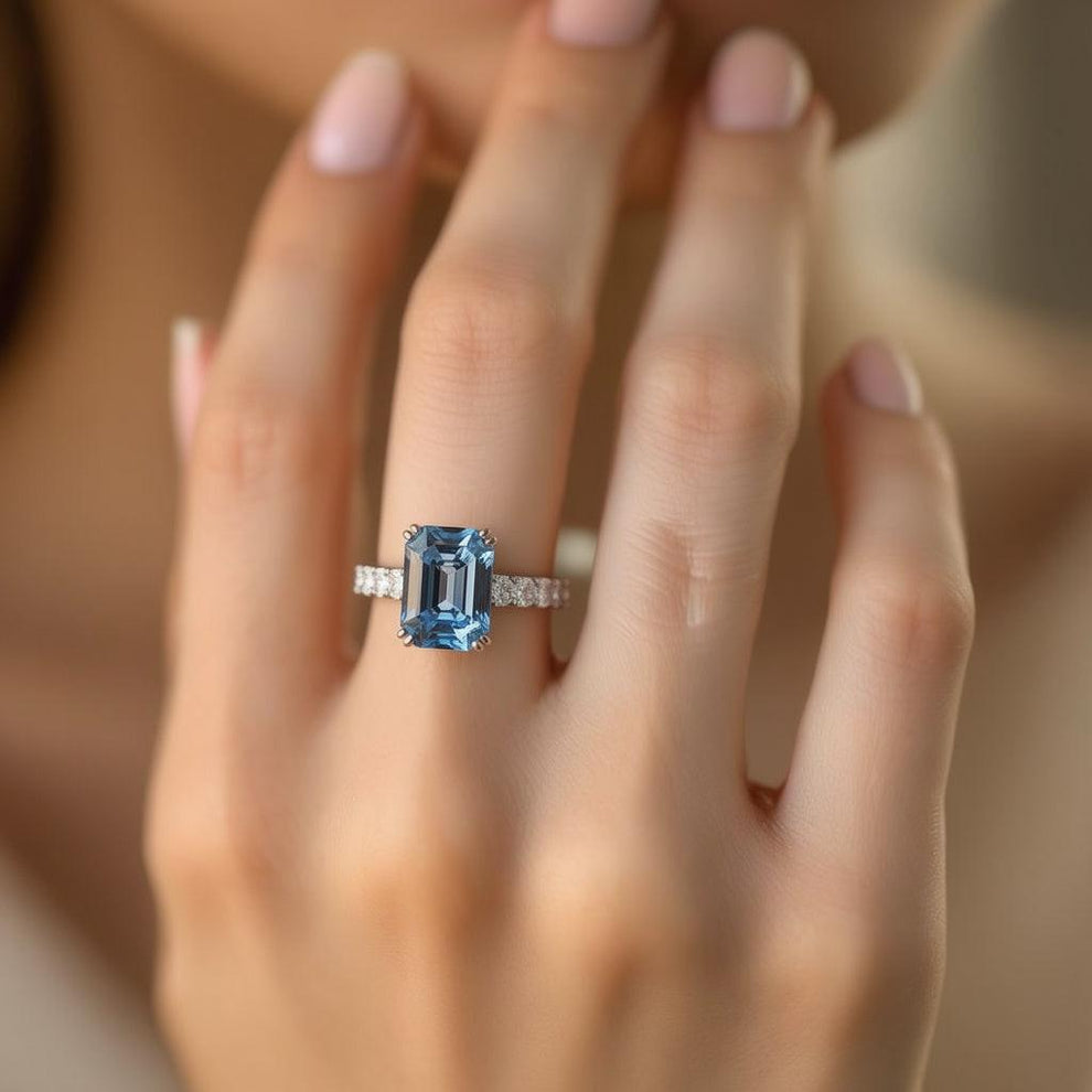 Marina‘s Aegean | 3CT Emerald Cut Blue Gemstone Ring.