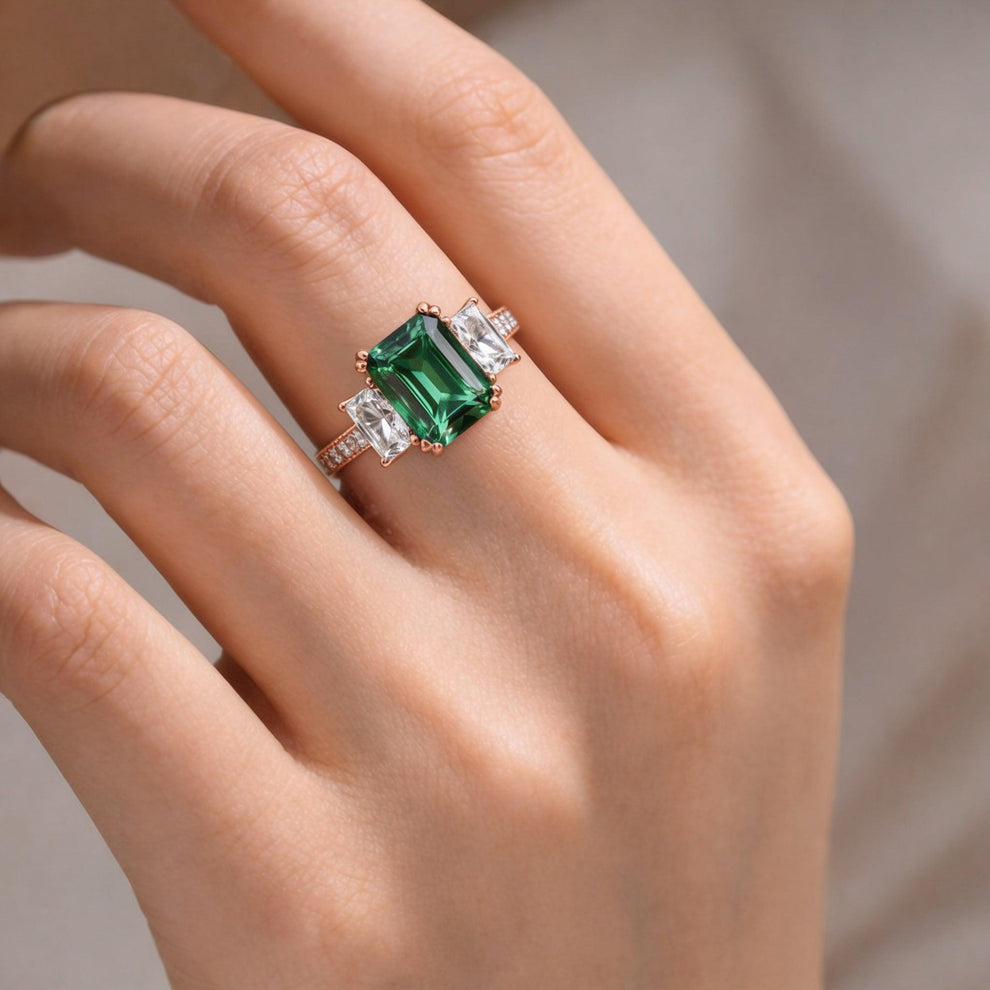 Cleo's Regal | 3CT Baguette Emerald Solitaire Statement Ring.