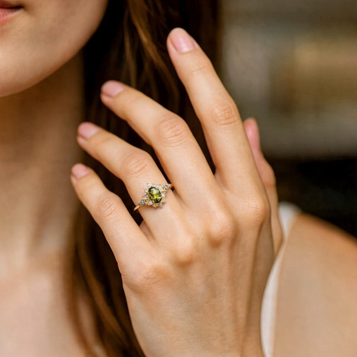 Rosalind’s Amber | 1CT Oval Cut Olive Yellow Halo Engagement Ring.