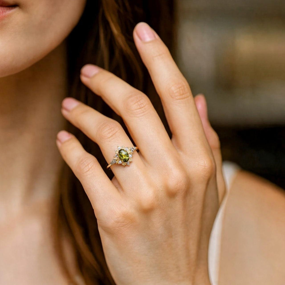 Rosalind’s Amber | 1CT Oval Cut Olive Yellow Halo Engagement Ring.
