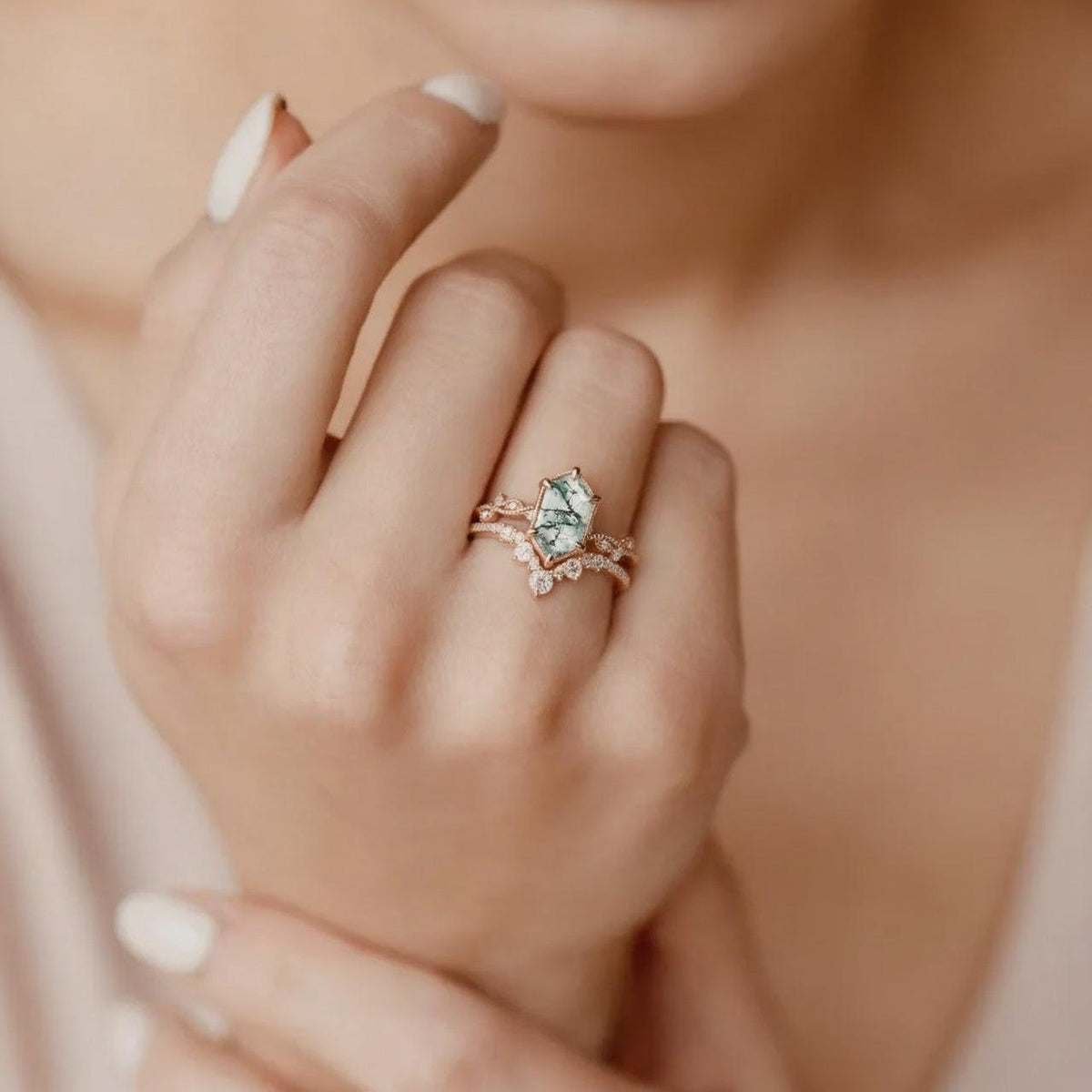 Forest Hexagon – Moss Agate Vintage Bridal Set 2pcs.