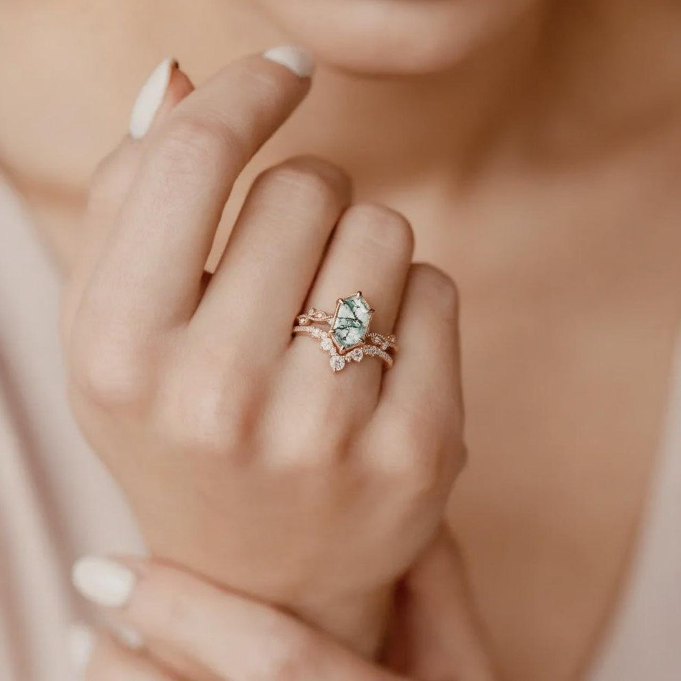 Forest Hexagon – Moss Agate Vintage Bridal Set 2pcs.