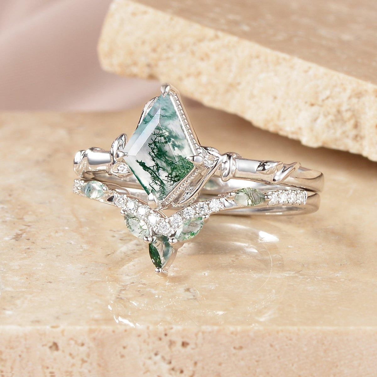 Flora’s Lark | Kite Cut Moss Agate Leafy Bridal Set 2pcs.