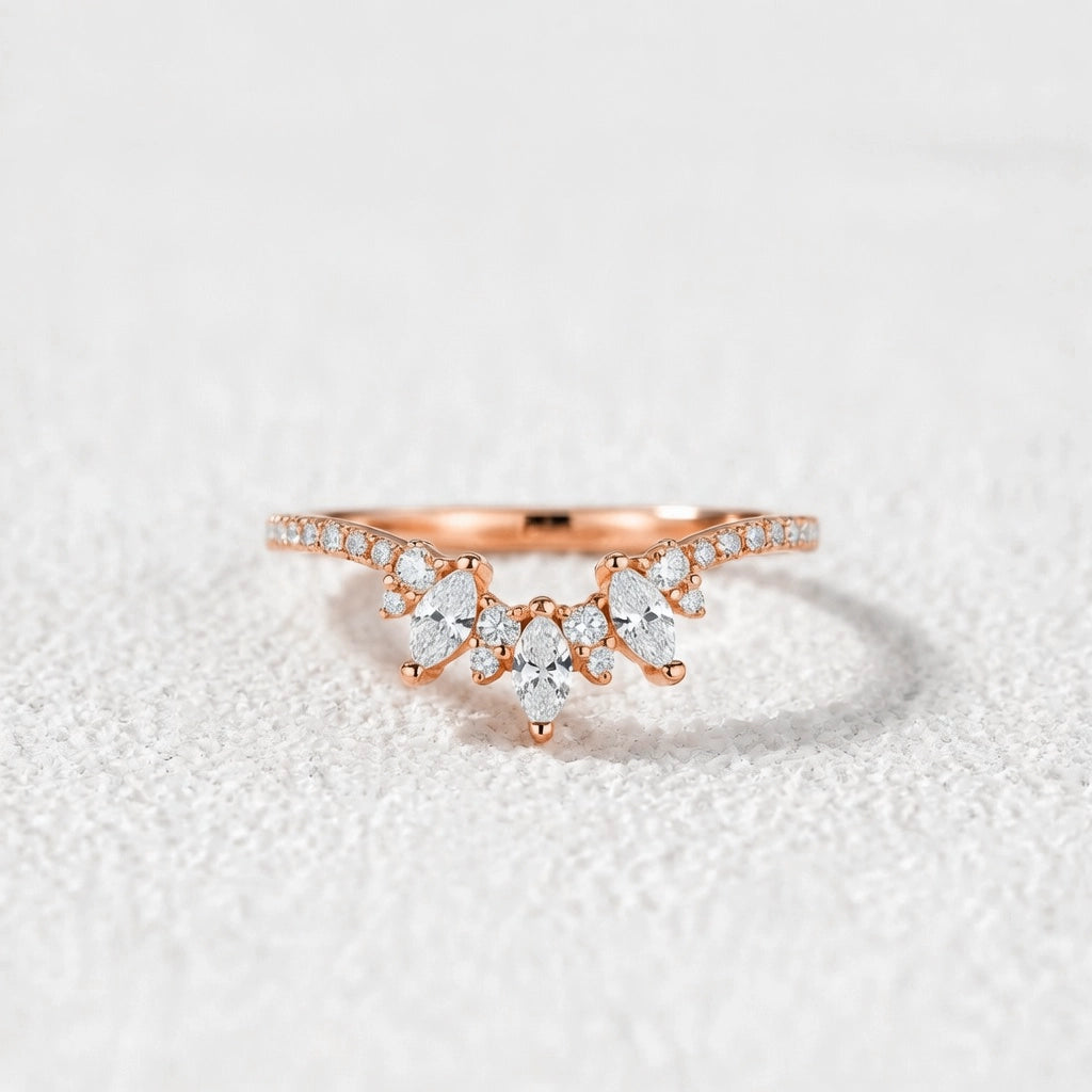 Marquise Cut Moissanite Half Eternity Curved Wedding Band in White Gold.
