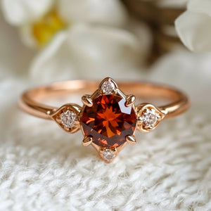 Juliet’s Crimson | Round Cut Garnet Halo Engagement Ring.