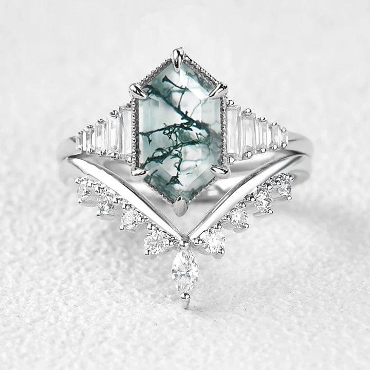 Long Hexagon Moss Agate Elongate Engagement Ring Set 2pcs.