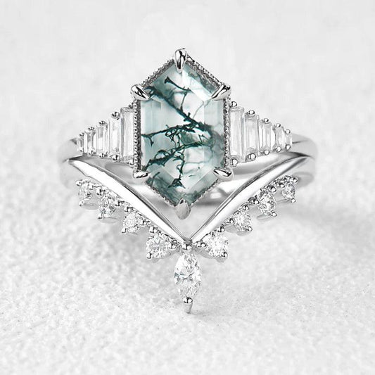 Long Hexagon Moss Agate Elongate Engagement Ring Set 2pcs.