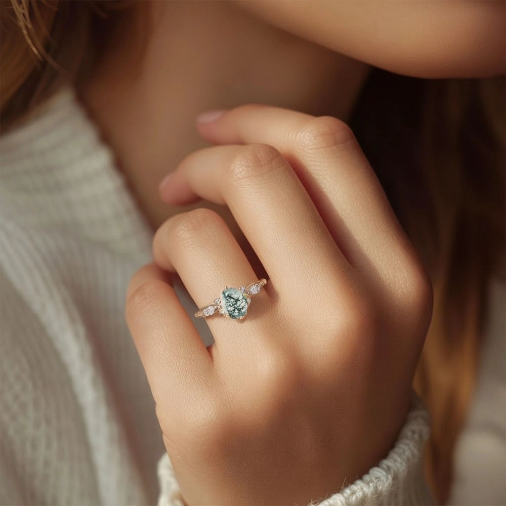 Flora’s Eternal | Oval Moss Agate Infinity Engagement Ring.