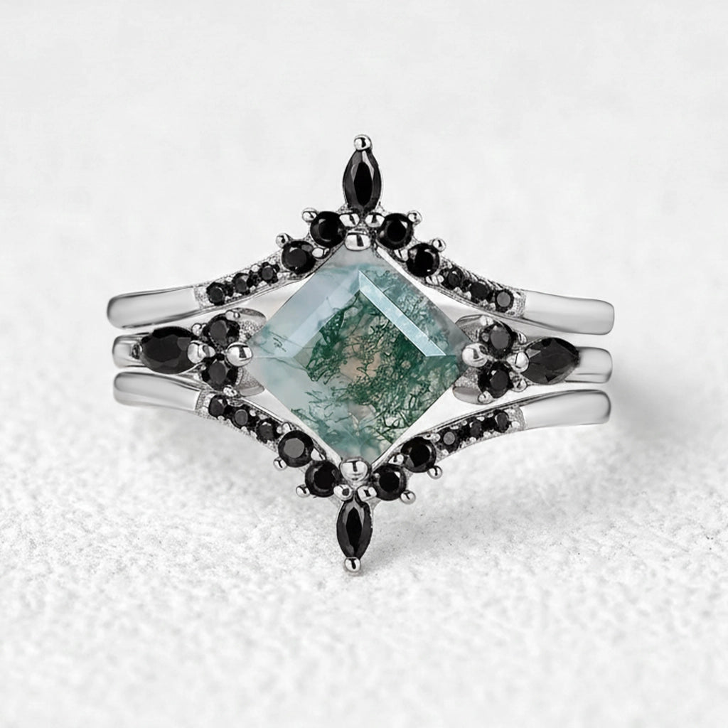 Nature Inspired Square Cut Moss Agate Leaf and Vine Promise Ring Set.