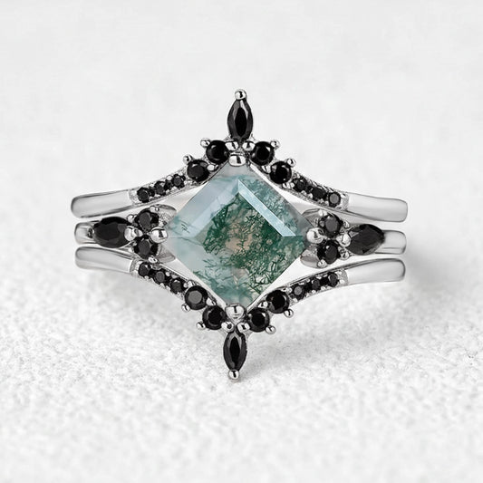Nature Inspired Square Cut Moss Agate Leaf and Vine Promise Ring Set.