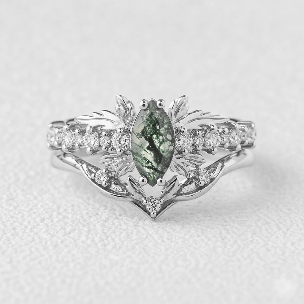 Aurora’s Moss Wing | Marquise Moss Agate Vintage Bridal Set 2pcs.