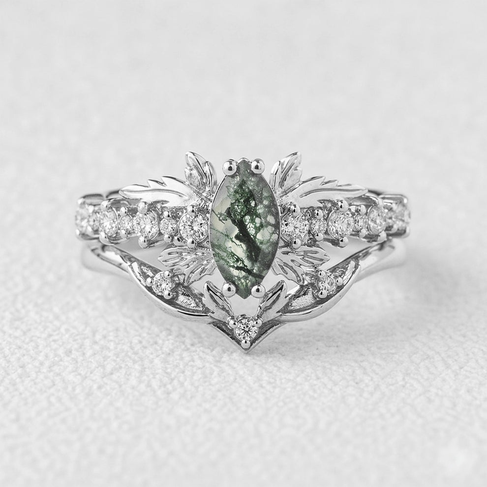 Aurora’s Moss Wing | Marquise Moss Agate Vintage Bridal Set 2pcs.
