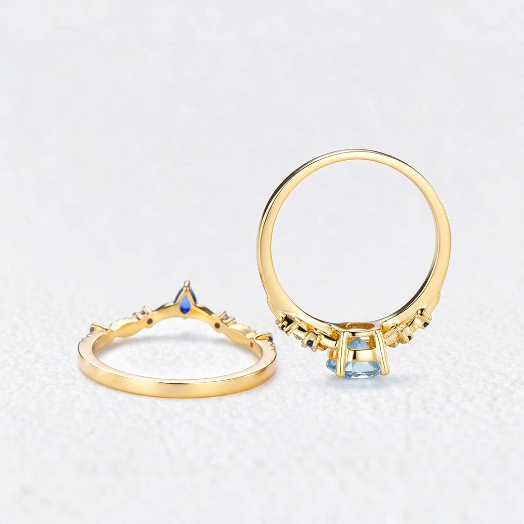 Isolde’s Tide | Vintage Pear Aquamarine & Sapphire Floral Bridal Set 2pcs.
