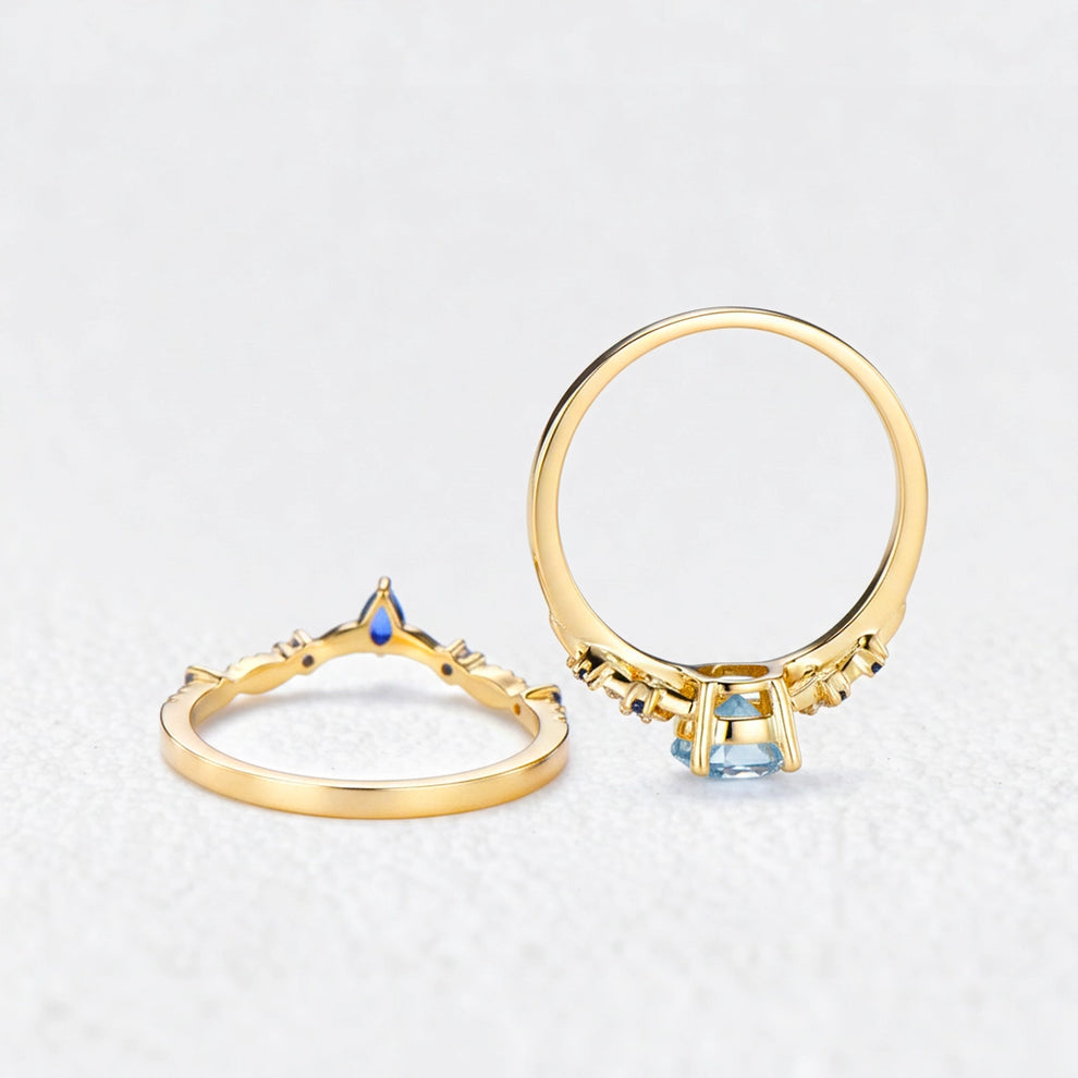 Isolde’s Tide | Vintage Pear Aquamarine & Sapphire Floral Bridal Set 2pcs.
