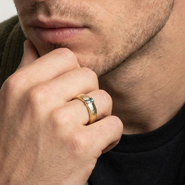 Silas’s Inlay | Moss Agate Textured Men's Wedding Band.