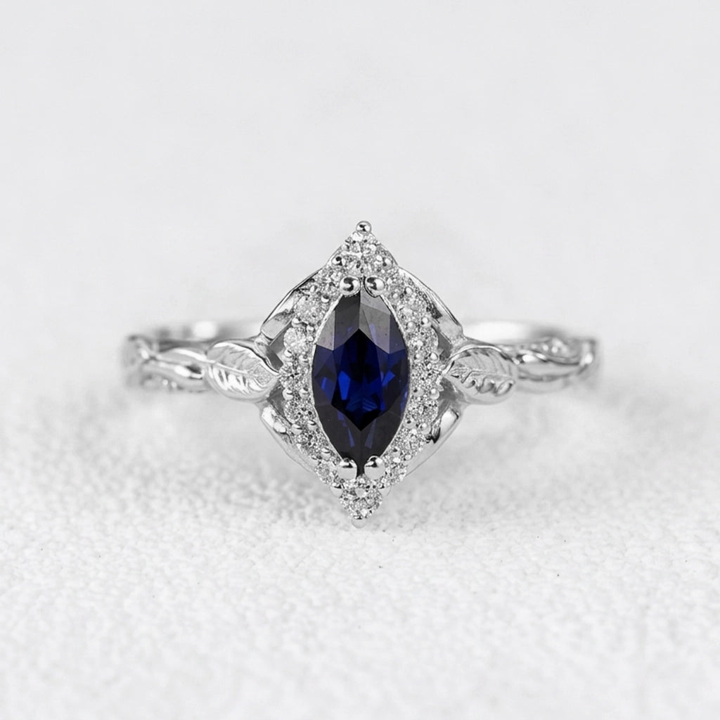 Victoria’s Diadem | Marquise Cut Sapphire & Diamond Halo Bridal Set 2pcs.