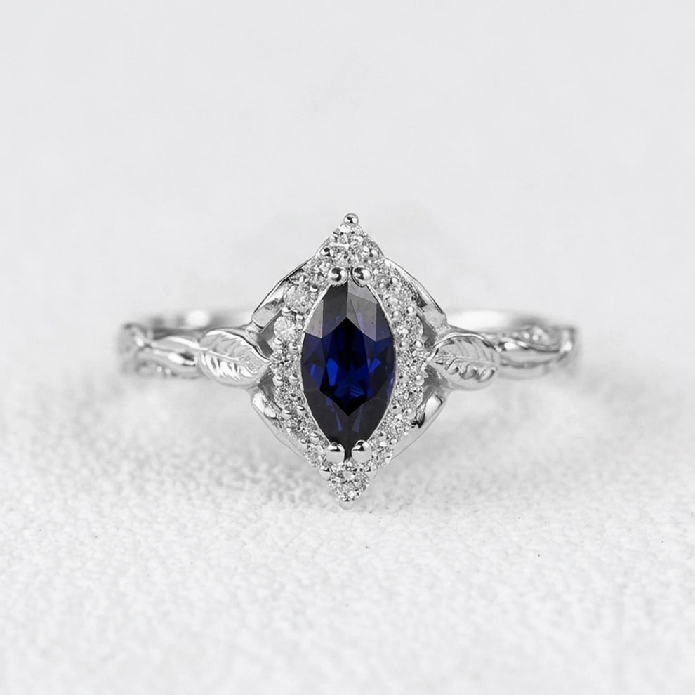 Victoria’s Diadem | Marquise Cut Sapphire & Diamond Halo Bridal Set 2pcs.