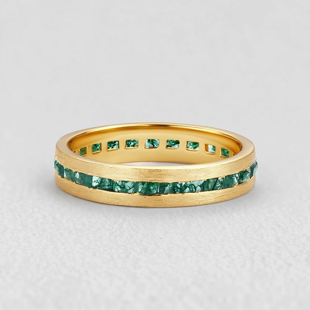 Maia’s Glade | Long Hexagon Moss Agate Leafy Couple Ring Set 3pcs.