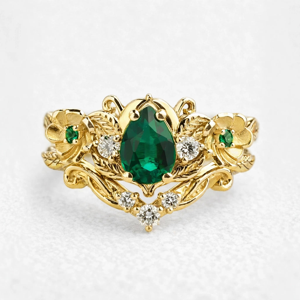 Flora’s Bloom | Natural Emerald Floral Bridal Set 2pcs.