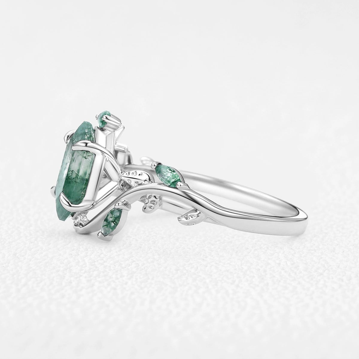 Sylvie’s Herbarium | Vintage Hexagon Moss Agate & Emerald Leafy Engagement Ring