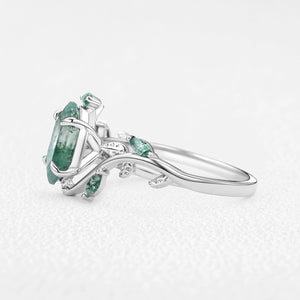 Sylvie’s Herbarium | Vintage Hexagon Moss Agate & Emerald Leafy Engagement Ring