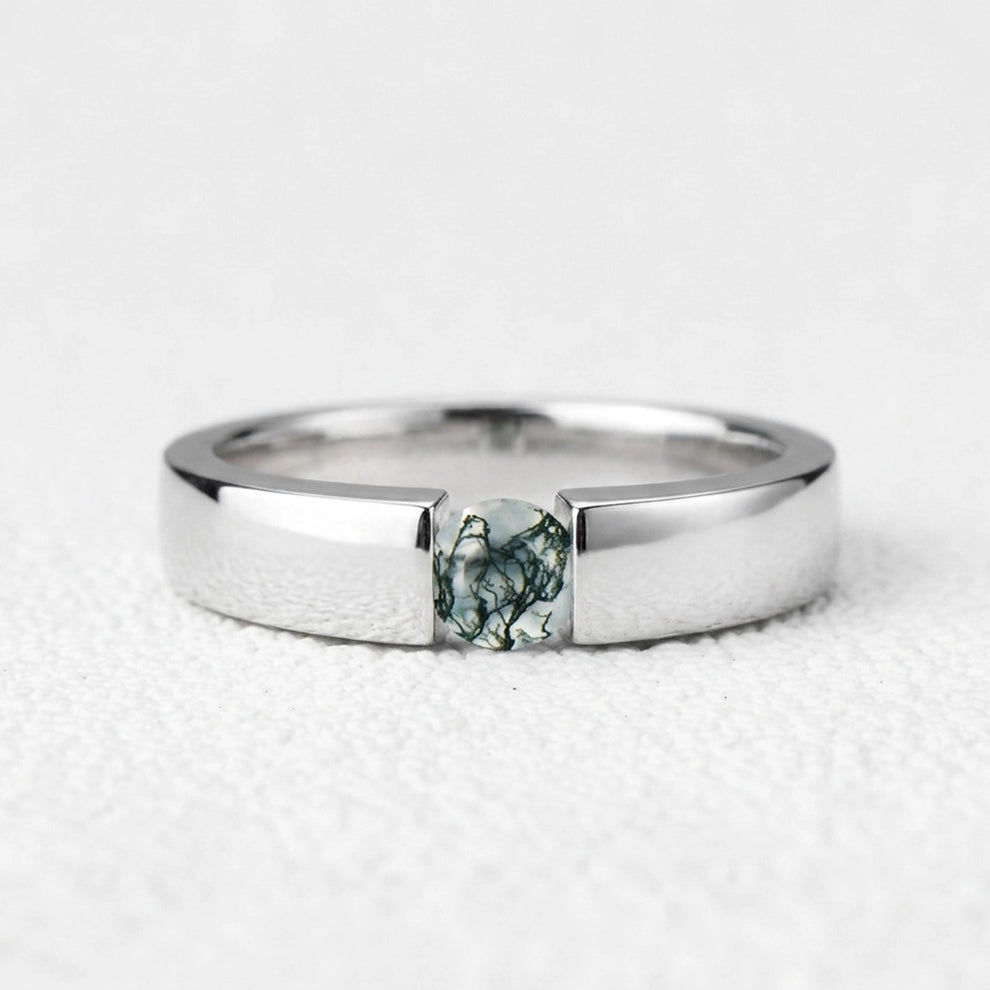 One Stone Duo | Round Moss Agate Couple Ring Set 2pcs.