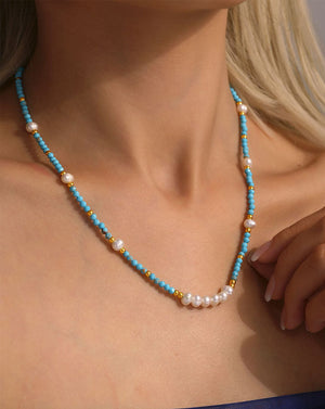 Handcrafted Boho Turquoise & Pearl Beaded necklace