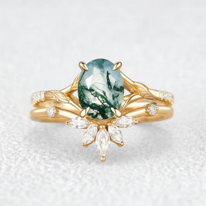 Oval Cut Moss Agate Leafy Cluster Bridal Set.