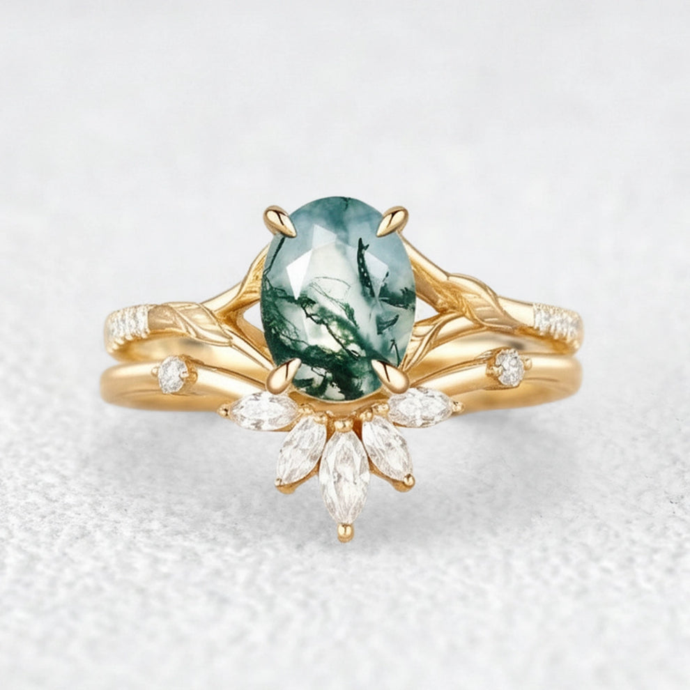 Oval Cut Moss Agate Leafy Cluster Bridal Set.
