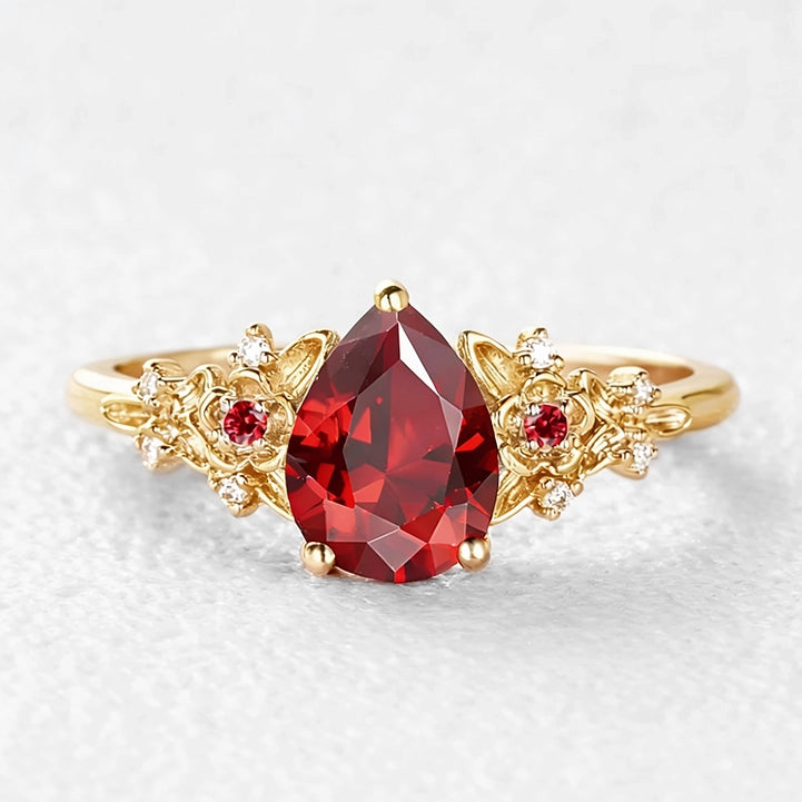 Scarlett’s Twig | Vintage Pear Red Ruby & Diamond Floral Bridal Set 2pcs.