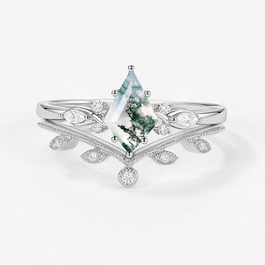 Green Leafy Unique Kite Moss Agate Engagement Ring Sets 2pcs.