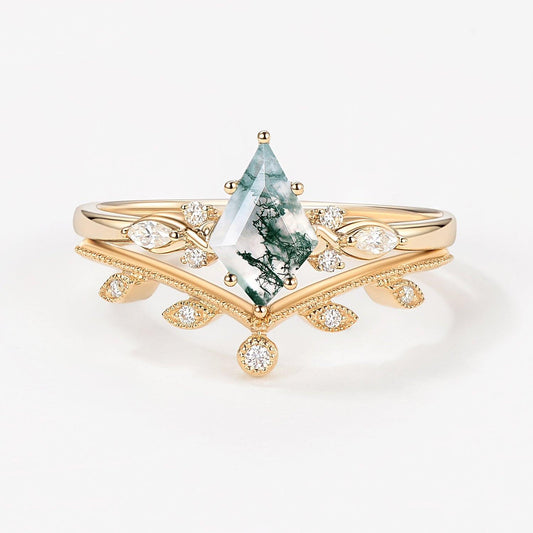 Green Leafy Unique Kite Moss Agate Engagement Ring Sets 2pcs.